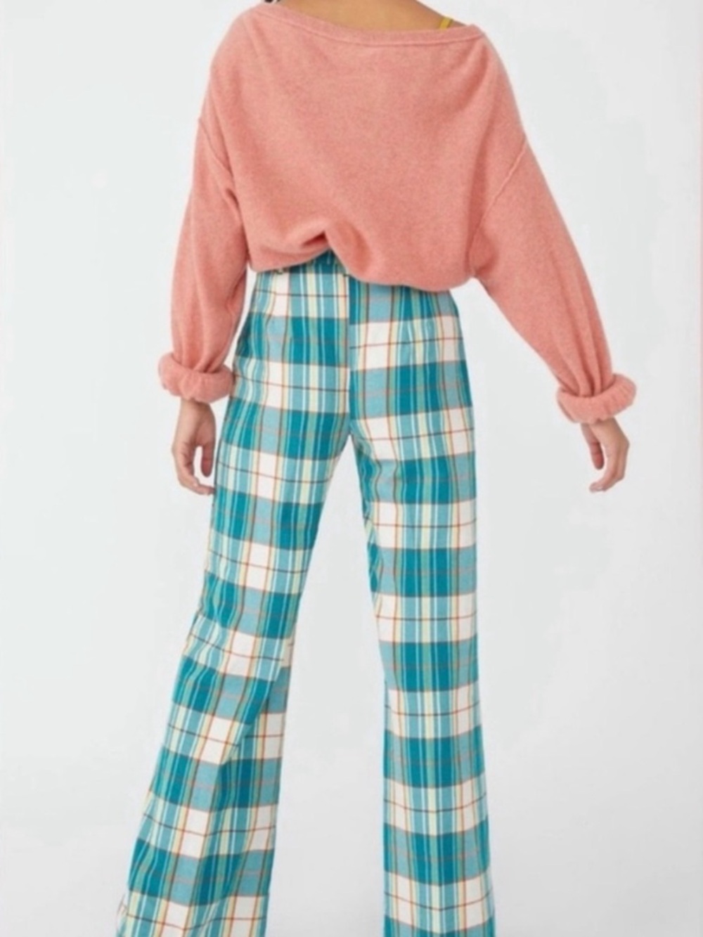 Free People Teal Plaid Wide Leg Pants - Picture 4 of 10